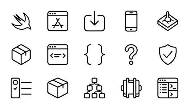 Technology Icons Set: Swift, Code, Download, Mobile, Security, Server, Box, Structure, Database