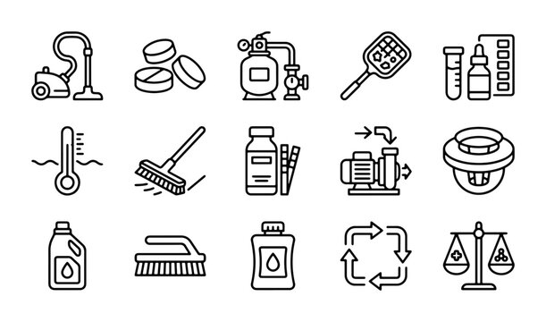 Pool Maintenance Icons: Cleaning, Testing, and Equipment Vector Set