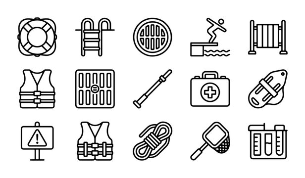 Pool Safety Icons Set, Lifeguard Equipment, Water Rescue Symbols, Vector Graphics