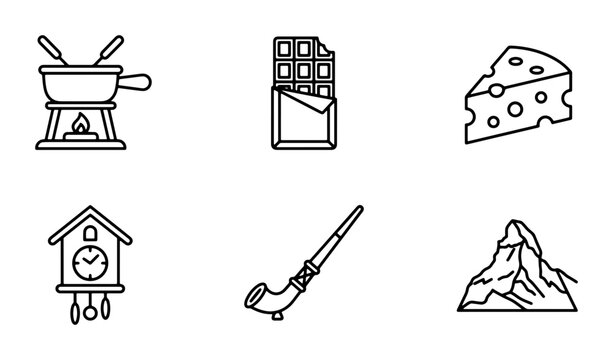 Swiss Icons Set: Fondue, Chocolate, Cheese, Cuckoo Clock, Alphorn, Mountain Vector Graphics