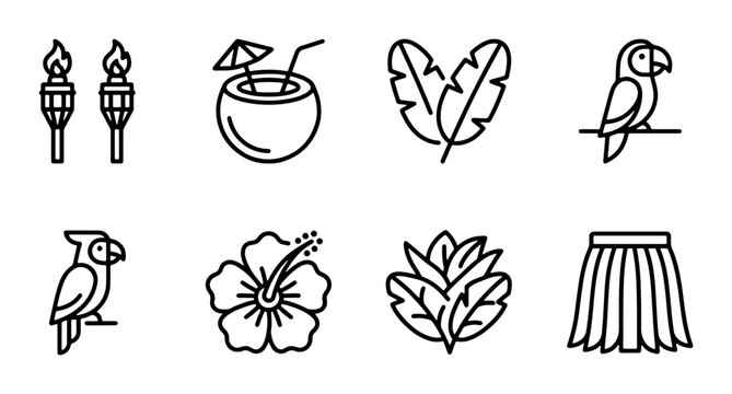 Tropical Icons Set: Tiki Torches, Coconut Drink, Parrot, Hibiscus Flower, Hula Skirt