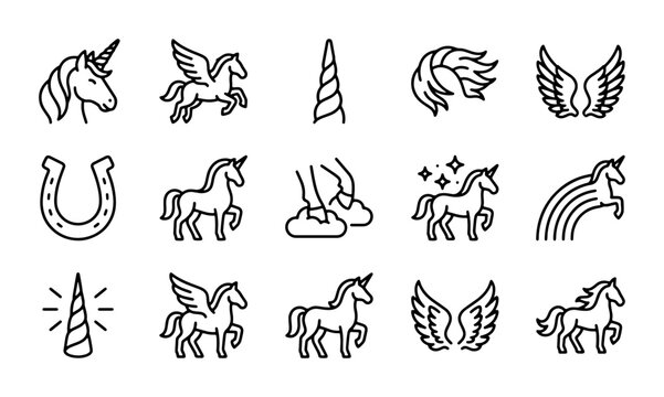 Magical Unicorn Icons Set, Mythical Creatures Vector Collection, Fantasy Horse Graphics