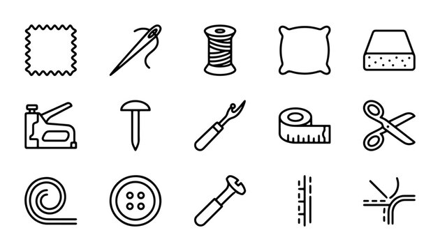 Sewing Icons Set, Tailoring Tools Collection, Crafting Supplies Vector Graphics