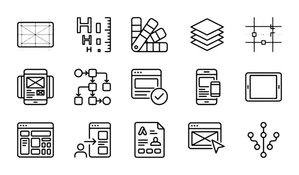 Web Design Icons Set, UI UX Elements, Wireframe Tools, Responsive Layouts, User Flow Graphics
