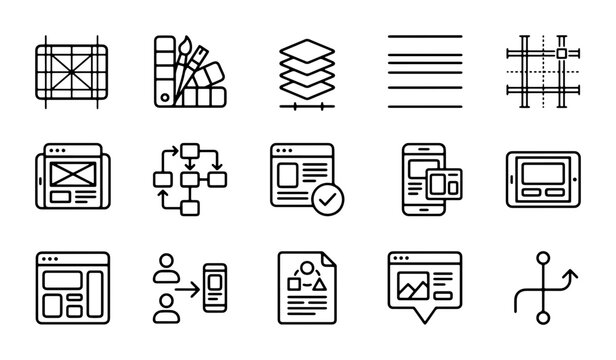 Web Design Icons, UI UX Wireframe Elements, Workflow Process, Layout Grid, Color Palette