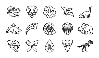 Dinosaur Icons Set, Fossil Collection, Prehistoric Vector Graphics, Paleontology Symbols © Anika