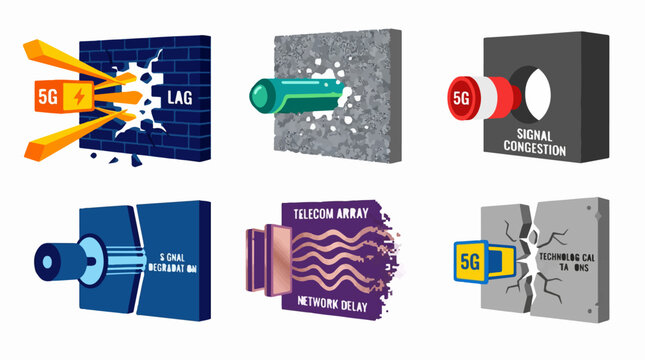 Set of 5G network connectivity and signal interference vector icons showing data transmission obstacles and technical communication challenges
