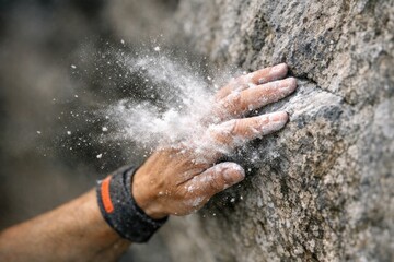 Fototapeta premium A person's hand stretching towards an object on a rocky surface