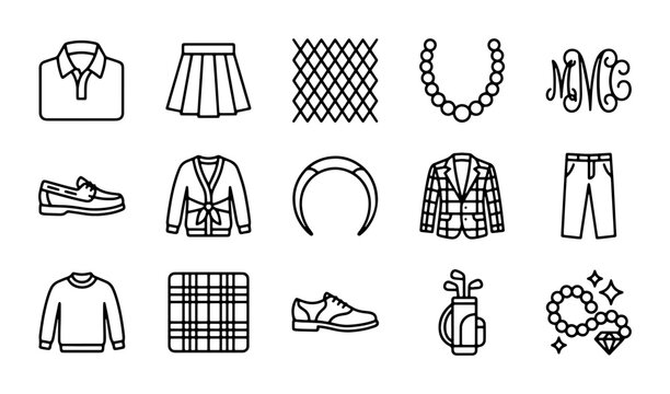 Fashion Icons Set: Clothing, Accessories, Monogram, Golf Gear, 15 Vector Elements