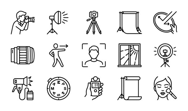 Photography Icons Set: Camera Gear, Lighting, Studio Equipment, and Creative Tools