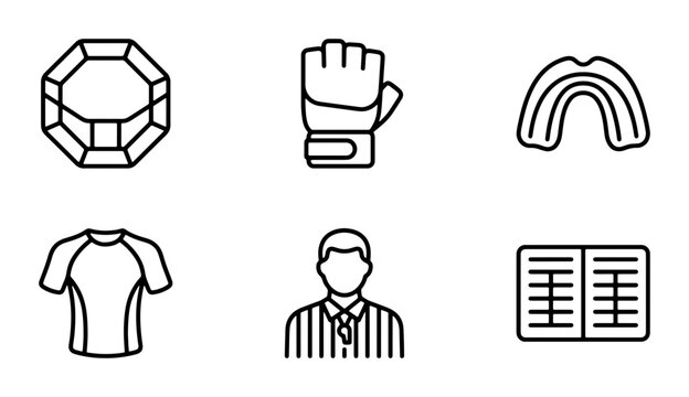 MMA Fight Icons, Combat Sports Gear, Martial Arts Equipment, Referee, Training Kit, Vector Set