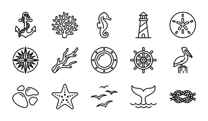 Nautical Icons Set, Marine Life & Beach Elements, Vector Graphics for Ocean Themes © Roni