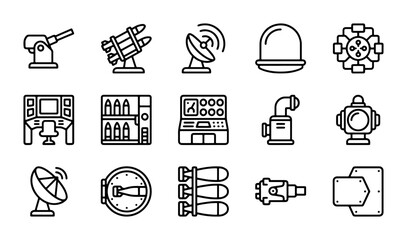 Military Icons Set: Defense Technology, Weaponry, and Surveillance Vector Graphics © Roni