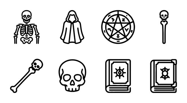 Mystical Occult Icons Set: Skeleton, Hooded Cloak, Pentagram, Skull, Spell Books & Staffs