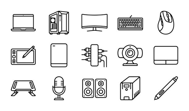 Computer Hardware Icons: Laptop, PC Tower, Monitor, Keyboard, Mouse, Tablet, HDD