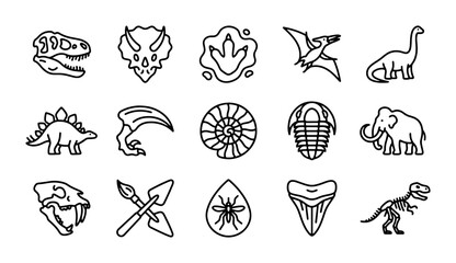 Dinosaur Icons Set, Fossil Collection Vector Graphics, Prehistoric Animal Illustrations © Roni