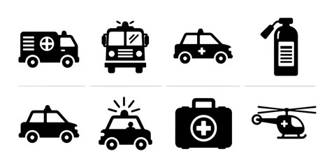 Emergency Services Icons: Ambulance, Fire Truck, Police Car, Helicopter, First Aid Kit, Fire Extinguisher © Monir