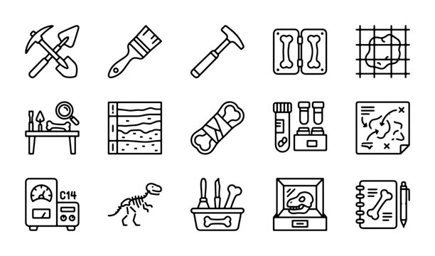 Archaeology Icons Set, Paleontology Tools Vector Graphics, Excavation Science Symbols