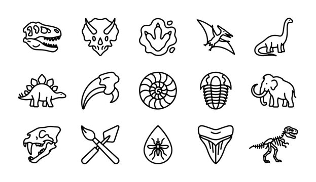 Dinosaur Icons Set, Prehistoric Fossils Collection, Ancient Life Vector Graphics