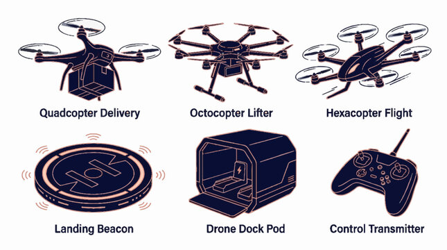 Set of drone technology icons including delivery quadcopter octocopter lifter hexacopter flight landing beacon dock pod and remote control transmitter