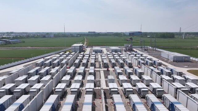 Aerial view of outdoor energy storage power station with container battery units