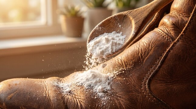 Close-up of pouring baking soda powder from a wooden spoon onto a brown leather boot. Natural shoe care and odor removal concept.co-friendly life hack for shoe cleaning