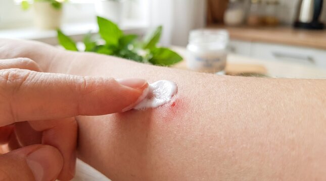 Applying homemade baking soda paste on a red mosquito bite. Natural home remedy to relieve itching and skin inflammation on arm