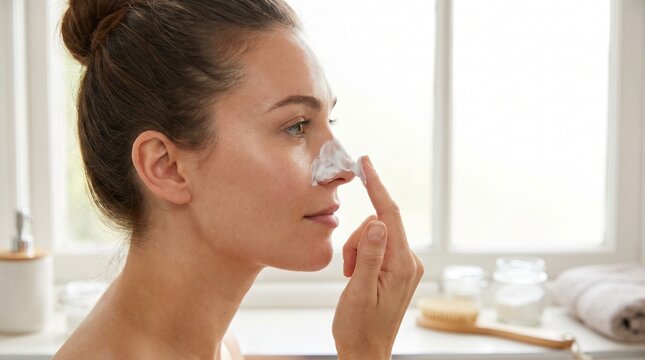rofile view of a beautiful woman applying white cleansing mask on her nose. Pore purifying, acne treatment and morning skincare concept