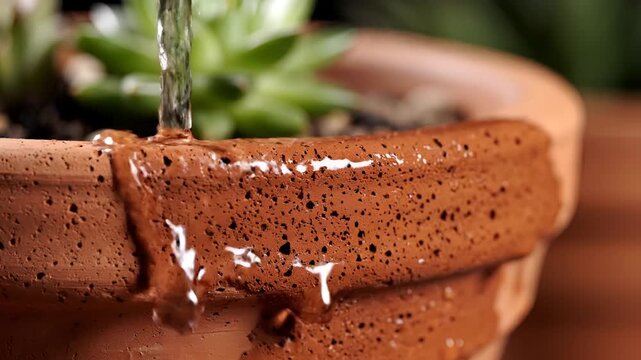 Closeup of water pouring onto a terracotta pot with a succulent plant.