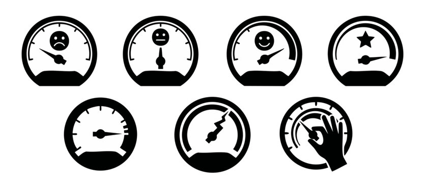 Satisfaction gauge icon set vector dials tracking customer experience performance level from bad to excellent with happy sad smiley faces feedback symbols isolated on white background for dashboards U