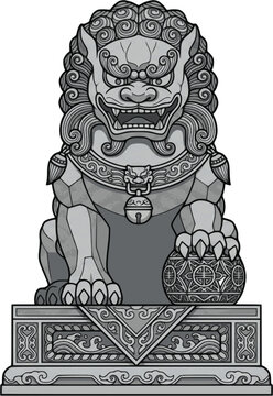 Historical Chinese guardian lion vector, imperial stone foo dog statue, ancient oriental protection symbol.