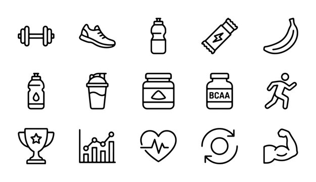 Fitness Icons Set, Healthy Lifestyle Vector Graphics, Nutrition and Workout Symbols