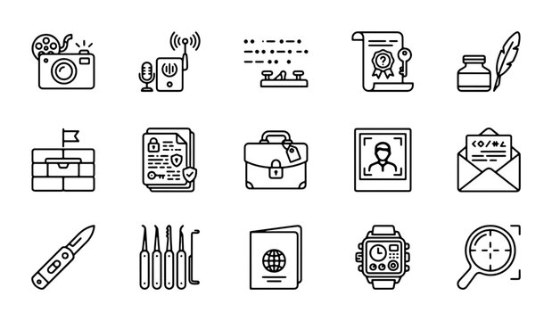 Security Icons Set: Surveillance, Investigation, Identification, and Data Protection Vector Graphics