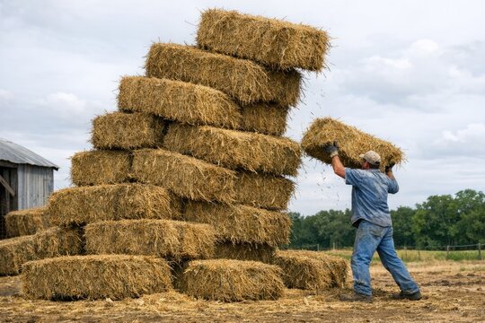 A person stands beside a stack of dried hay in a rustic setting