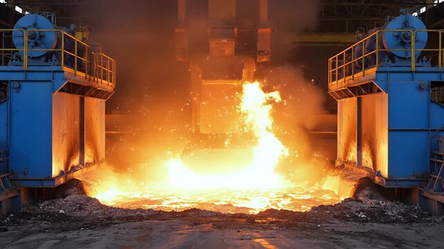 Furnace operating with molten metal pouring out in manufacturing facility. Bright glow fills space from flames and sparks. Concept of manufacturing, metalworking, industrial operations