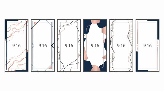 Set of six vertical rectangular frames with abstract geometric and organic line art designs in navy blue and rose gold colors