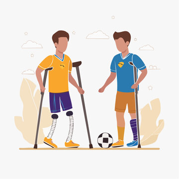 Paralympic Football Players with Prosthetic Legs and Crutches
