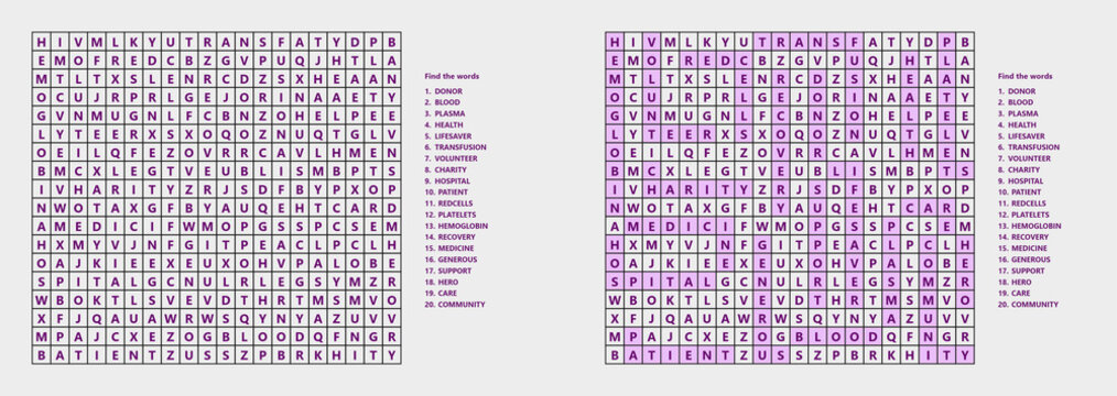 Blood donation themed word seek puzzle sheet in pink and purple colors  