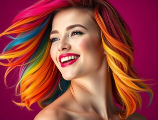 Fototapeta premium Vibrant Rainbow Hair Beauty Portrait of Smiling Woman on Bright Pink Background
