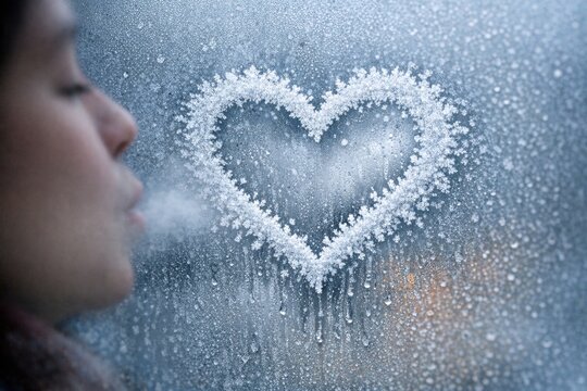 A woman looks out of a window with a heart drawn on the glass, perfect for romantic or sentimental uses