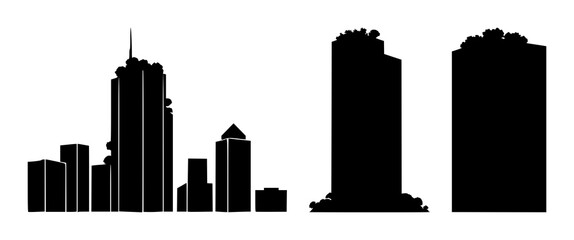 Solid black icon, white background: green skyscraper with vegetation set with simple line art design featuring simple design, minimalist, black and white with illustrations and graphics © mdbakul