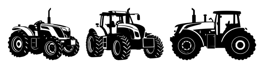 Precision farming tractor set with solid black icon on white background featuring machinery, agriculture, technology with sustainability and automation © mdbakul