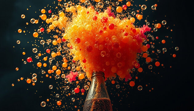 Bottle of juice explodes, sending bubbles flying in all directions