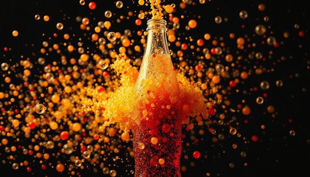 Juice bottle explosion on black. Splashes of juice with bubbles fly in all directions