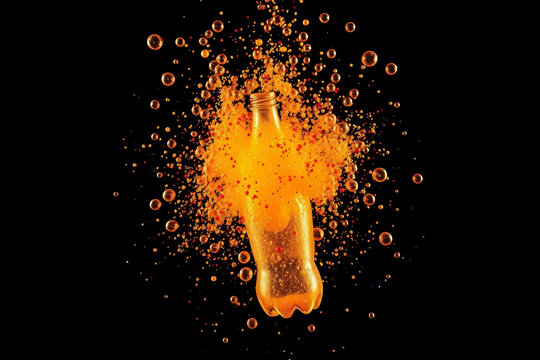 Juice bottle explosion. Bubbles and juice splash in all directions