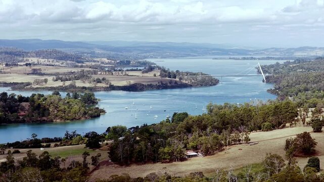 Batman bridge across Tamar river in Tamar valley of Tasmania &ndash; scenic aerial view.