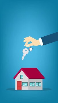 Hand holding key over the house. House buying 4k video animation