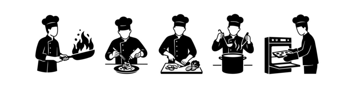 Set of professional chef silhouettes performing various kitchen tasks: frying with fire, plating, cutting vegetables, tasting soup, and baking. Ideal for restaurant and culinary branding.