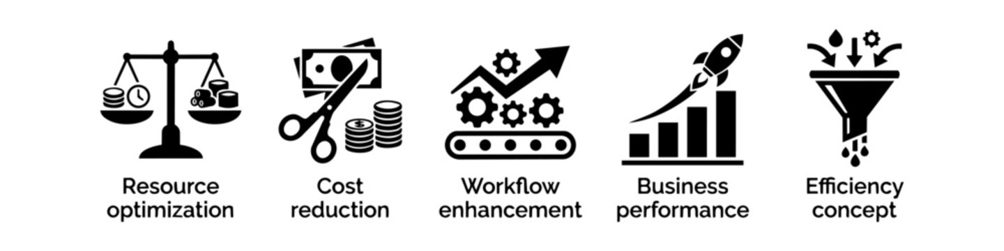 Set of five business icons for resource optimization, cost reduction, workflow enhancement, performance, and efficiency concept. Minimal flat vector illustration isolated on white background.
