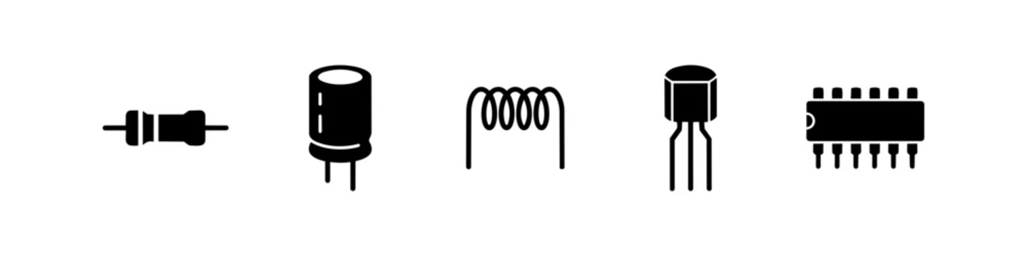 A set of five black minimalist icons representing electronic components: resistor, capacitor, inductor, transistor, and integrated circuit chip, isolated on a white background.